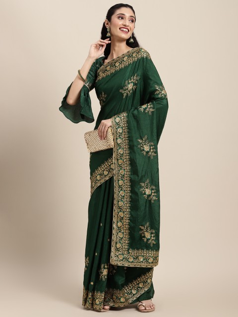 

Tikhi Imli Green Ethnic Motifs Embroidered Heavy Work Saree
