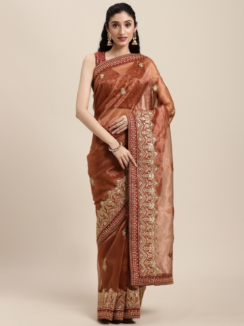 

Tikhi Imli Brown Ethnic Motifs Embroidered Sequin Organza Saree