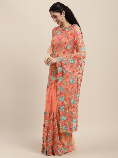 

Tikhi Imli Peach-Coloured Floral Embroidered Net Heavy Work Saree