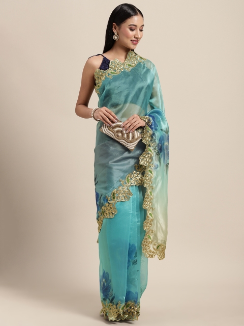 

Tikhi Imli Blue & Grey Floral Embroidered Organza Saree