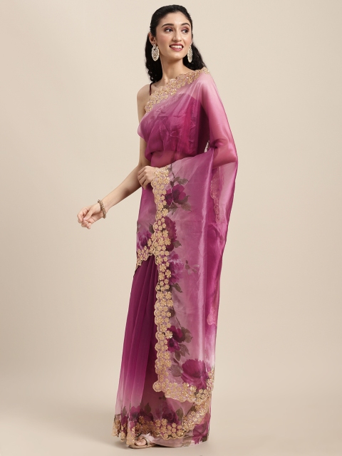 

Tikhi Imli Magenta Floral Printed Embellished Organza Saree