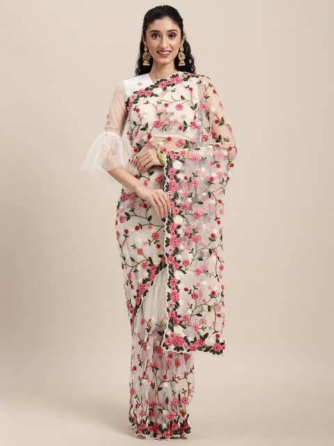 

Tikhi Imli Off White & Pink Floral Beads and Stones Net Heavy Work Saree
