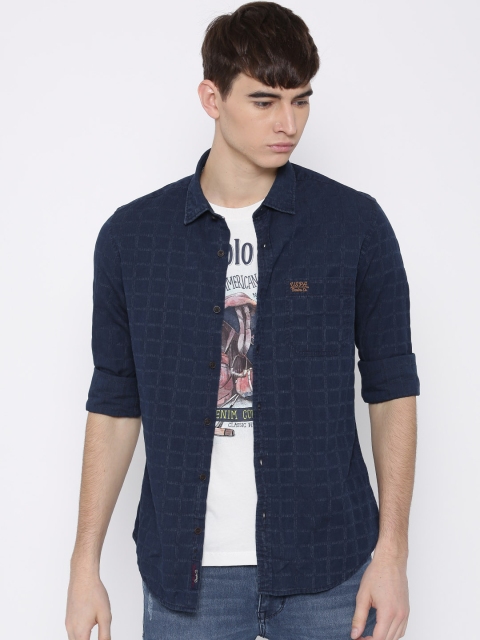 

U.S. Polo Assn. Denim Co. Men Navy Blue Regular Fit Self-Checked Casual Shirt