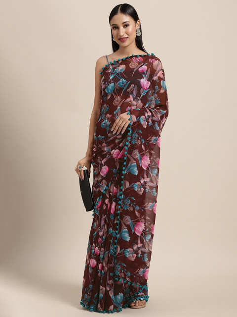 

Tikhi Imli Brown & Pink Designer Printed Saree Floral Saree Pom Pom Border
