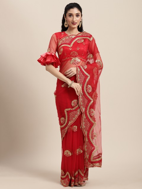 

Tikhi Imli Red & Gold-Toned Embroidered Net Heavy Work Saree