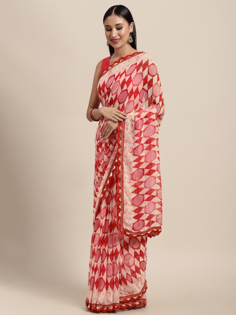 

Tikhi Imli Cream-Coloured & Pink Georgette Geometrical Printed Saree