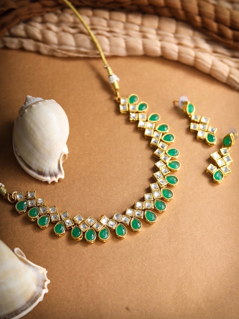 

Priyaasi Gold-Plated Green & White Kundan Studded Handcrafted Jewellery Set