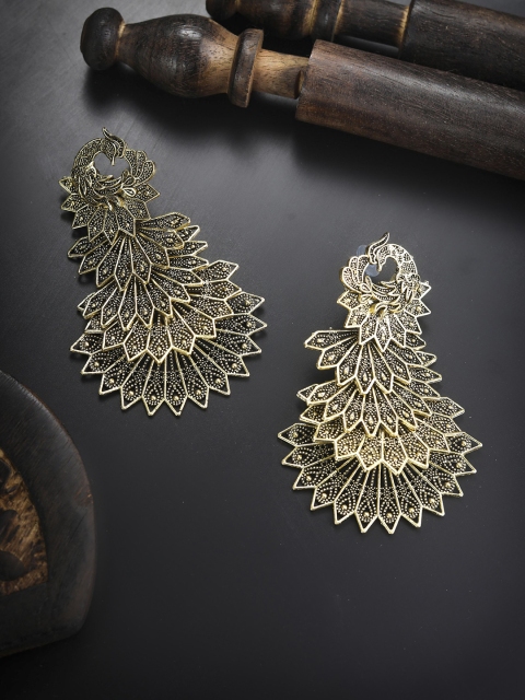

Priyaasi Black & Gold-Toned Peacock Shaped Jhumkas Earrings