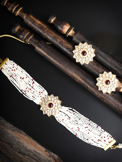 

Priyaasi Gold-Plated Maroon Kundan Stone Studded Handcrafted Jewellery Set