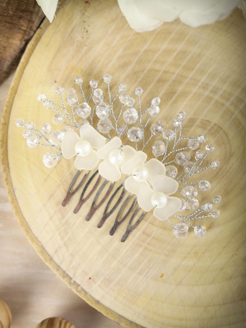 

Priyaasi Women White & Silver-Toned Embellished Comb Pin