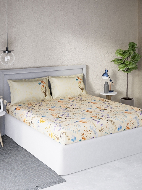 

DDecor Beige & Blue Floral 144 TC Cotton Queen Bedsheet with 2 Pillow Covers