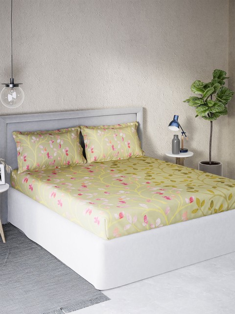 

DDecor Green & Pink Floral 144 TC Cotton Queen Bedsheet with 2 Pillow Covers