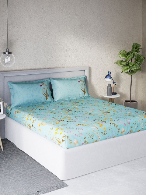 

DDecor Turquoise Blue & Green Floral 144 TC Cotton Queen Bedsheet with 2 Pillow Covers