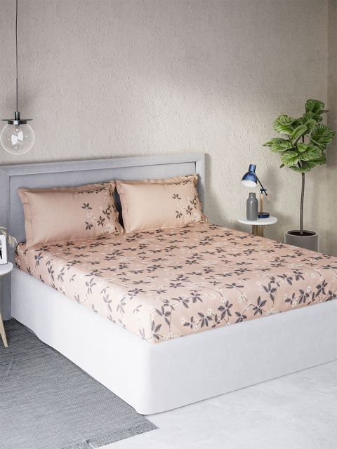 

DDecor Peach-Coloured & Grey Floral 144 TC Cotton Queen Bedsheet with 2 Pillow Covers