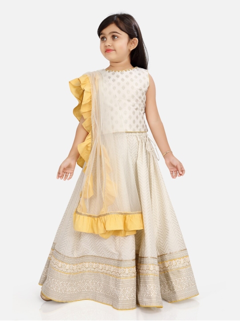 

Ashneeta Girls White & Beige Printed Foil Print Ready to Wear Lehenga & Blouse With Dupatta