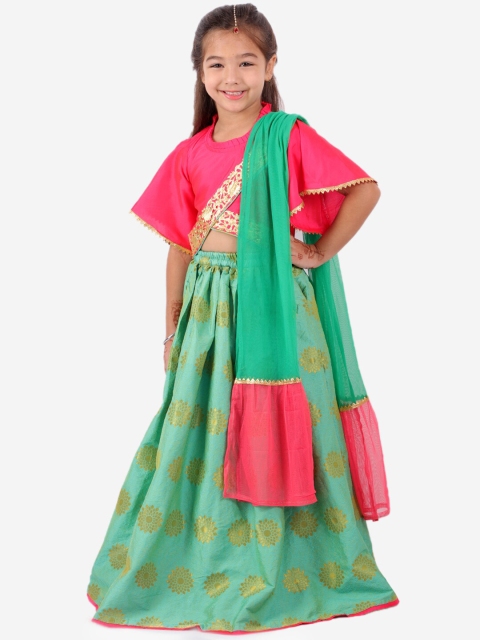 

KID1 Girls Peach-Coloured & Green Embellished Ready to Wear Lehenga & Blouse With Dupatta