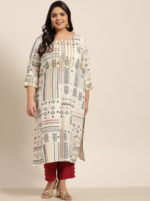 

Sztori Women Plus Size Off White & Black Ethnic Printed EcoVero Kurta