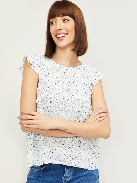 

Fame Forever by Lifestyle White & Navy Blue Flutter Sleeves Regular Top