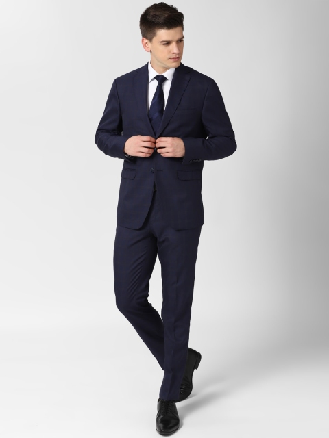 

Peter England Elite Men Navy Blue Checked Slim-Fit Single-Breasted Two-Piece Formal Suit