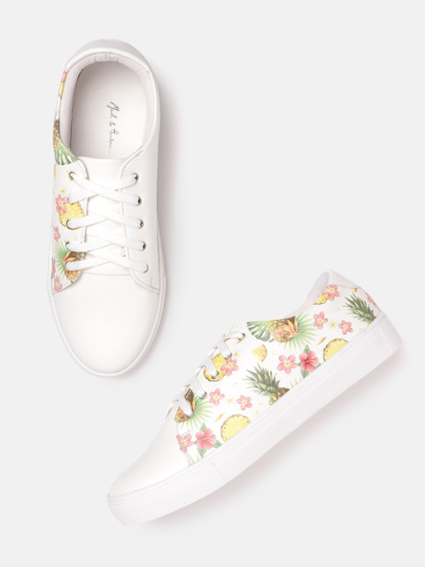 

Mast & Harbour Women White & Yellow Printed Sneakers