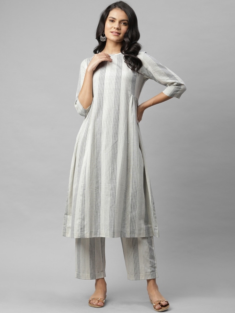 

Rigo Women White & Grey Striped Pleated Pure Cotton Kurta with Palazzos
