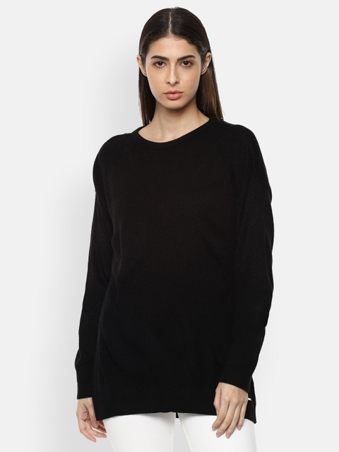 

Van Heusen Woman Women Black Solid Ribbed Longline Pullover Sweater
