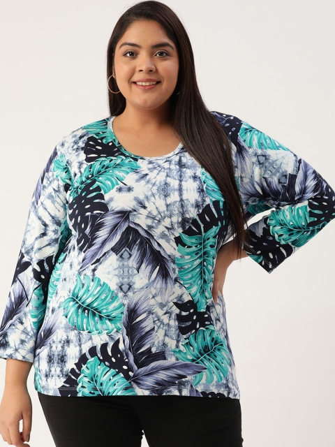 

Rute Plus Size Women White & Navy Blue Floral Printed T-shirt