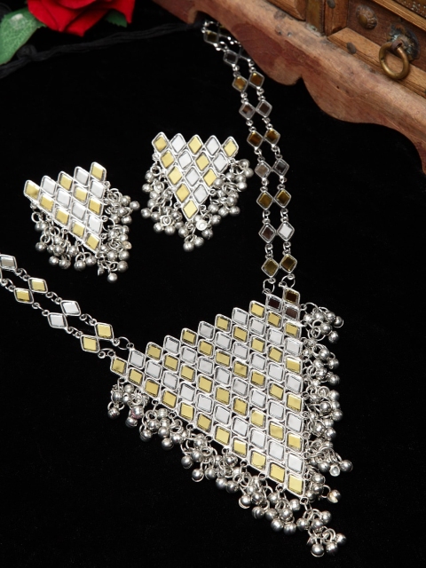 

Moedbuille Silver Plated Mirror Work Afghan Tasselled Oxidised Handcrafted Jewellery Set, Yellow