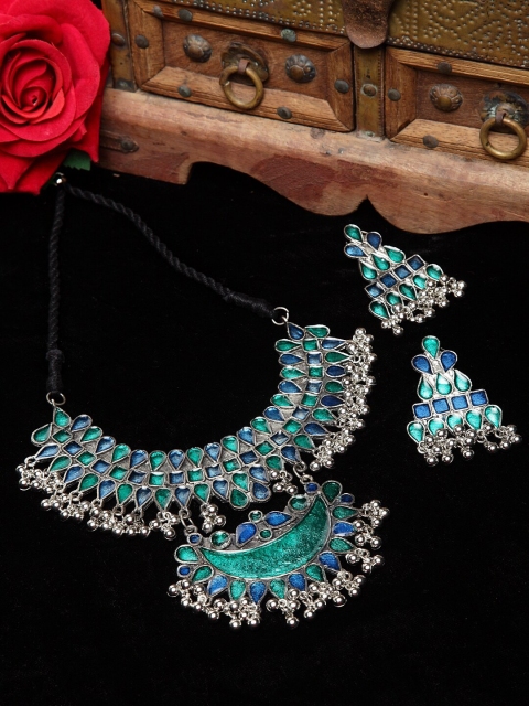 

Moedbuille Blue & Green Silver-Plated Afghan Oxidized Meenakari Choker Jewellery Set