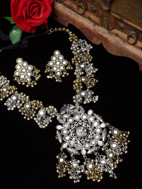 

Moedbuille Gold Plated Mirrors Studded Handcrafted Floral Oxidised Tasselled Jewellery Set