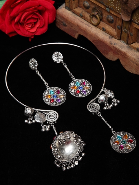 

Moedbuille Multicoloured Silver-PlatedHandcrafted Tasseled Oxidised Jewellery Set