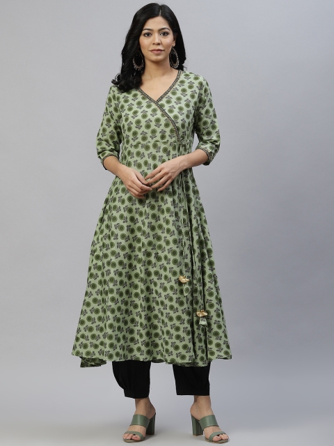 

Laado - Pamper Yourself Women Green Floral Printed Anarkali Kurta