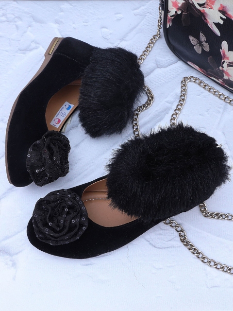 

DChica Girls Black Fur Ballerinas Flats with Flower Applique