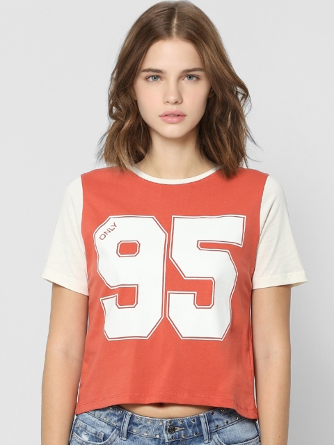 

ONLY Women Red & White Varsity Printed Pure Cotton Casual Crop T-shirt