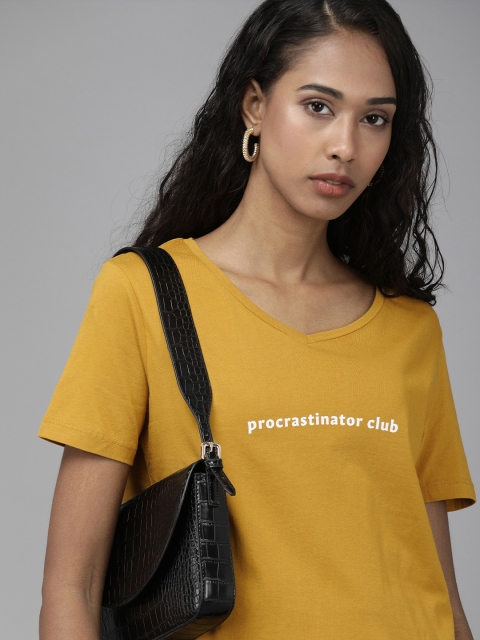 

ONLY Women Mustard Yellow Typography Printed V-Neck T-shirt