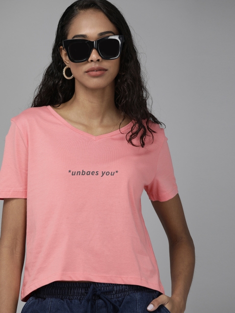 

ONLY Women Coral Pink Typography Printed V-Neck Pure Cotton Casual T-shirt
