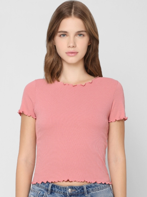

ONLY Women Coral Pink Self-Design Pure Cotton Casual T-shirt
