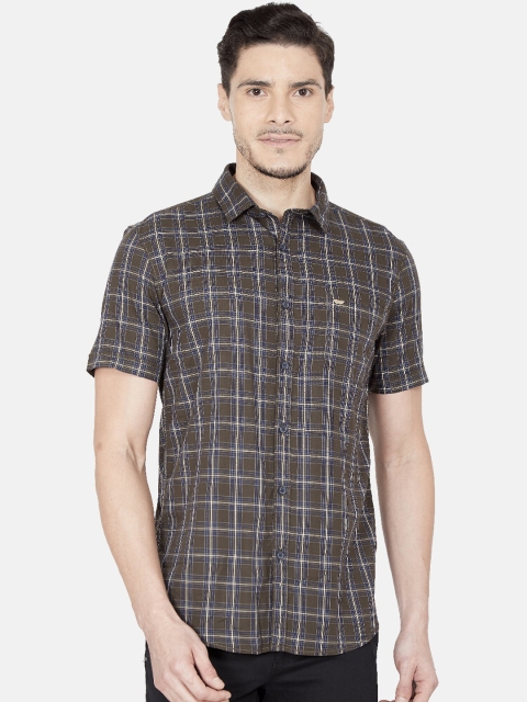 

Oxemberg Men Olive Green Slim Fit Windowpane Checks Opaque Checked Casual Shirt