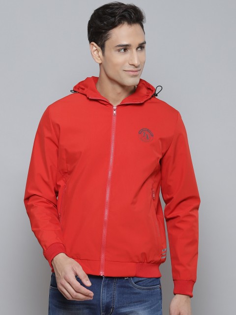 

Fort Collins Men Red Solid Hooded Tailored Jacket