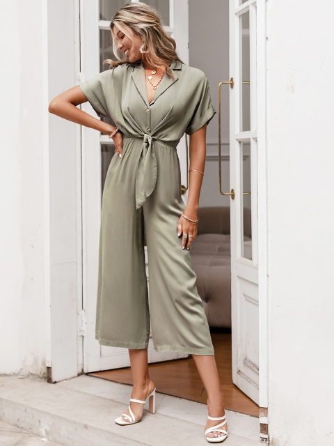 

URBANIC Olive Green Solid Culotte Jumpsuit with Waist Tie-Ups