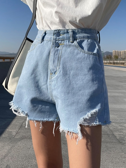

URBANIC Women Blue Cotton Solid Distressed Loose Fit Denim Shorts