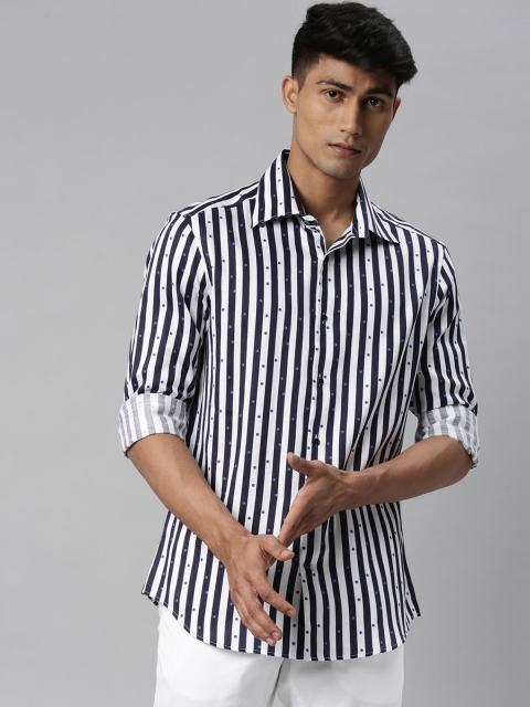 

RARE RABBIT Men White & Blue Slim Fit Opaque Vertical Striped Cotton Casual Shirt