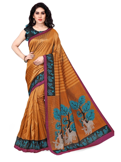 

KALINI Rust & Turquoise Blue Checked Silk Blend Saree