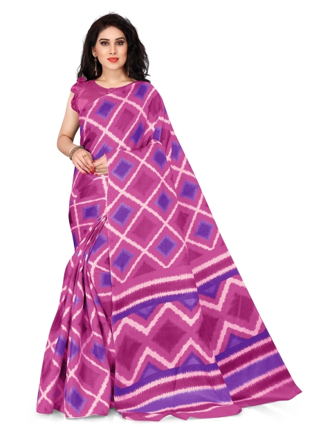 

KALINI Pink & Purple Geometric Art Silk Block Print Saree