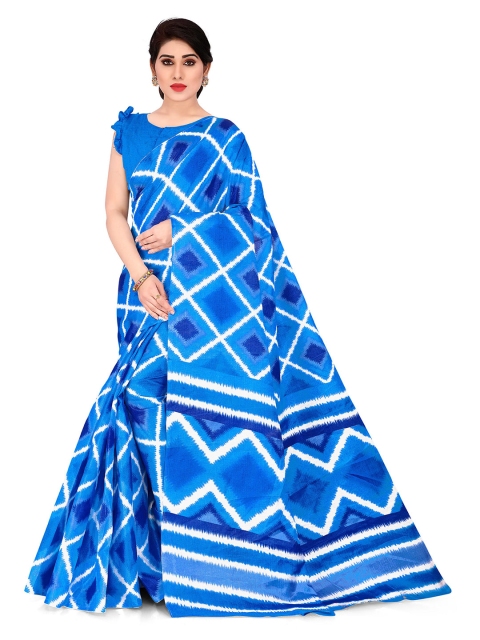 

KALINI Blue & White Geometric Art Silk Block Print Saree