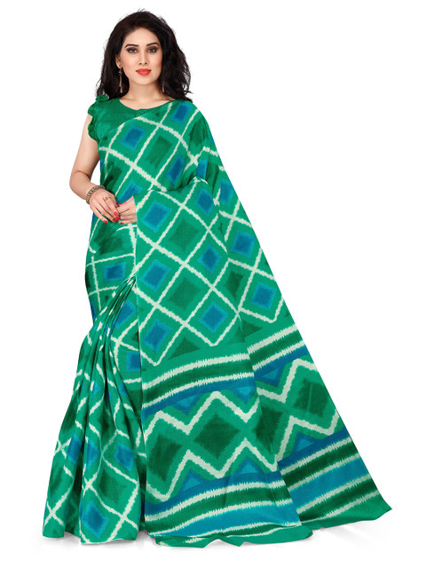 

KALINI Green & Blue Geometric Art Silk Block Print Saree