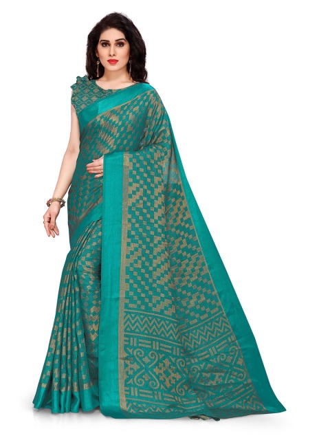 

KALINI Teal & Gold-Coloured Geometric Brasso Saree