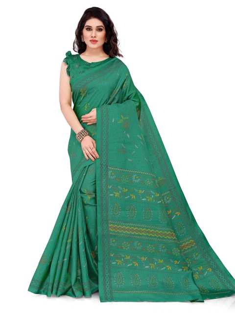 

KALINI Teal & Yellow Floral Printed Silk Blend Manipuri Saree
