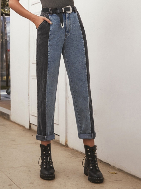 

URBANIC Women Blue & Charcoal Grey Cotton Colourblocked Clean Look Jeans