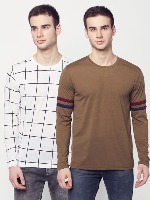 

ELEGANCE Men Pack Of 2 White & Brown Checked T-shirt